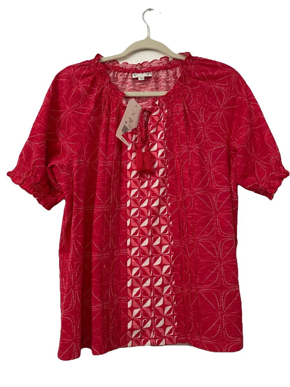 Wonderly Red Embroidered Peasant Tunic with Tassel Tie